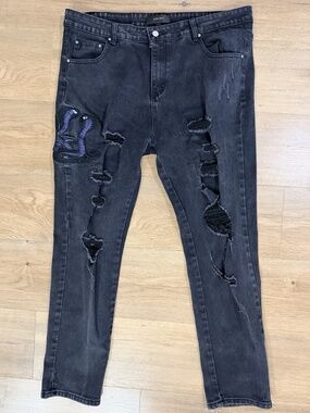 Amiri Snake Embroidered Distressed Men’s Black Jeans Size 38 x 30